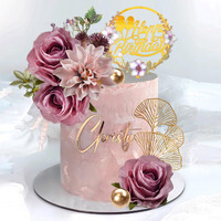 Flower Cake Toppers Happy Birthday Cake Toppers With Artificial Purple Rose Flowers Eucalyptu Leaves For Birthday Party Wedding Baby Shower Supplies (Purple)