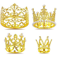4 Pcs Crown Cake Topper, Gold Mini Crown Flower Arrangements Bouquet, Crystal Pearl Vintage Tiara Small Baby Princess Crown For Birthday Wedding Party Baby Shower Decor Boys And Girls