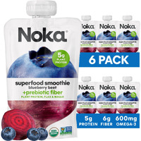 Noka Superfood Fruit Smoothie Pouches, Blueberry Beet, Healthy Snacks With Flax Seed, Plant Protein And Prebiotic Fiber, Vegan And Gluten Free Snacks, Organic Squeeze Pouch, 4.22 Oz, 6 Count