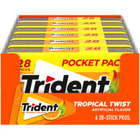Trident Tropical Twist Sugar Free Gum, 6 Pocket Packs Of 28 Pieces (168 Total Pieces)