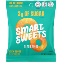 Smartsweets Peach Rings, Candy With Low Sugar 3G, Low Calorie 100, Net Carb 10, Plant Based, Gluten Free, No Artifical Colors Or Sweeteners 1.8 Oz Bags (Pack Of 6)