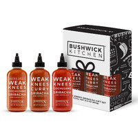 Bushwick Kitchen Sriracha Sampler Gift Box, Set Includes Gochujang Sriracha, Super Spicy Gochujang Sriracha, Curry Sriracha Hot Sauce, 5 Recipes, Chile Pepper Dish Towel, And Bushwick Kitchen Gift Box