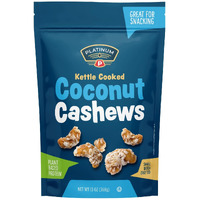 Platinum Kettle Cooked Coconut Cashews - Plant Based Protein, Fiber, Healthy Snack - Wholesome Nutritional Boost - Can Bring At Home, Work, Office, Gym & School - 13 Oz Individual & Resealable Pouch