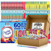 Crystal Light Variety Pack 60 Flavored Drink Mix Packets In Lemonade, Fruit Punch, Raspberry, And Strawberry Flavors Bundles With One Reusable Mood Straw For Sugar-Free Hydration Anytime, Anywhere!