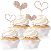 Fuutreo 48 Pcs Glitter Heart Cupcake Toppers Wedding Cupcake Picks Love Birthday Cake Decorations Heart Toothpicks For Wedding Bridal Shower Engagement Anniversary Party Favors Supplies(Rose Gold)