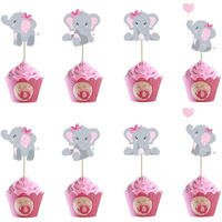 48Pcs Pink Elephant Cupcake Toppers, Double Sided It Is A Girl Elephant Cupcake Picks, Elephant Cake Cupcake Decorations For Elephant Theme Birthday Baby Shower Little Peanut Party Supplies
