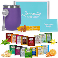Modern Elegance Tea Gift Set, Includes 15 Teas, Stainless Steel Tumbler, Honey Straws, Tea Spoon Squeezer, Squirrel Tea Bag Holder (Purple)