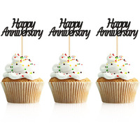 Donoter 48 Pcs Black Glitter Happy Anniversary Cupcake Toppers Picks For Anniversary Party Cake Decorations