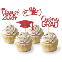 2024 Graduation Cupcake Toppers, Class Of 2024 Cupcake Toppers For Graduation Decorations, Congrats Grad Graduation Cake Decorations - Set Of 24 (Red)