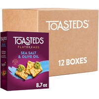 Toasteds Flatbreads Crackers, Party Snacks, Lunch Snacks, Sea Salt And Olive Oil (12 Boxes)