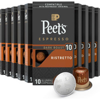 Peet's Coffee, Dark Roast Espresso Pods, Ristretto Intensity 10, 100 Count (10 Boxes Of 10 Espresso Capsules)