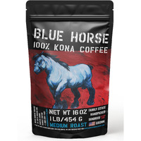 Farm-Fresh: 100% Kona Coffee - Medium Roast - Arabica Whole Beans - 1 Lb Or 16 Oz Bag - Blue Horse 100% Kona Coffee From The Big Island Of Hawaii