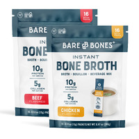 Bare Bones Bone Broth Instant Powdered Beverage Mix, Chicken & Beef, Variety Pack Of 32, 16 Chicken & 16 Beef - 15G Sticks, 10G Protein, Keto & Paleo Friendly