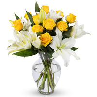 Benchmark Bouquets - Yellow Roses & Lilies (Glass Vase Included), Next-Day Delivery, Gift Fresh Flowers For Birthday, Anniversary, Get Well, Sympathy, Graduation, Congratulations, Thank You