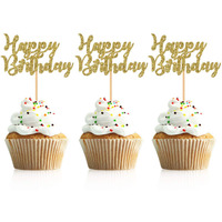 Donoter 48 Pcs Gold Glitter Happy Birthday Cupcake Toppers Cake Picks For Birthday Party Decoration Supplies (Gold)