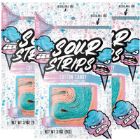 Sour Strips Flavored Sour Candy Strips, Deliciously Sour Chewy Candy Belts, Vegetarian Candies, 3 Pack (Cotton Candy (3-Pack))