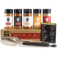 Flavor Brigade Gourmet Grilling Spices Gift Set For Guys, Dad, Men, Bbq Grill Accesories, Smoker, Seasonings, Rub, Steak, Burgers, Chicken, Fish & Stainless Tongs (5 Bottles, 7 Piece Set)