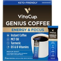 Vitacup Genius Instant Coffee Packets, Increase Energy & Focus, Keto Coffee, Serve Hot Or Cold Brew, Mct Oil, Turmeric, B Vitamins, D3, Bold & Smooth,100% Arabica Coffee In Single Serve Sticks, 24 Ct
