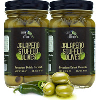 Green Jay Gourmet Jalapeno Stuffed Olives - Stuffed Green Olives For Cocktail Garnish & Cheese Board Recipes - Dirty Martini Olives & Cocktail Olives - Gourmet Olives - All Natural - Large - 2 X 16 Oz