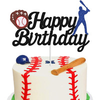 Baseball Theme Cake Topper - Happy Birthday Cake Topper For Birthday/Baseball/Sports Party Theme Decoration (Black Glitter)