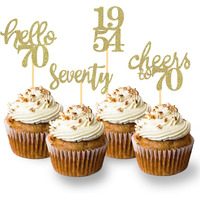 24 Pcs Glitter 70Th Birthday Cupcake Toppers For Celebrating 70Th Birthday Party Decorations For Seventy Years Old Birthday Party Supplies (Gold)