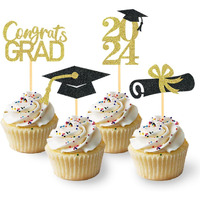 24Pcs Graduation Cupcake Toppers, Graduation Cupcake Picks For Cupcake Food Decorations - Class Of 2024 Graduation Cupcake Toppers Supplies (Gold)