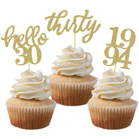 24 Pcs Gold Glitter 30Th Birthday Cupcake Toppers For 30Th Anniversary Birthday Party Wedding Party Decorations