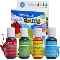 Chefmaster - Primary Colors Liqua-Gel Food Coloring Kit - Water-Based Food Coloring Gel - 4 Pack - Highly Pigmented Gel, Create Vividly Colored Desserts, Easy-To-Blend Formula - Made In The Usa