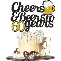 Cheers To 60 Years Cake Topper, Happy 60Th Birthday Cake Topper, 60Th Anniversary Birthday Party Supplies Black And Gold Glitter Decorations Double Sided