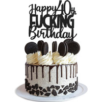Happy 40Th Birthday Cake Topper - Funny Black Glitter 40Th Birthday Cake Toppers For Women - 40Th Birthday Decorations For Men Party Decoration