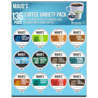 Maud's Family Pack Flavored Coffee Pods Variety Pack, 136 Ct | 12 Assorted Coffee Flavors | 100% Arabica Medium Roast Coffee | Solar Energy Produced Recyclable Pods Compatible With Keurig K Cups Maker