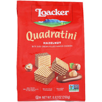 Loacker Quadratini Hazelnut Wafer Cookies - 30% Less Sugar - Premium Crispy Bite Size Wafers With Hazelnut Cream Filling - Resealable Family Pack - Non-Gmo - 100% Italian Hazelnuts - Large Snack Bag 250G/8.82Oz