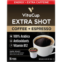 Vitacup Extra Shot Strong Coffee Pods, Bold & Intense Dark Roast W/Espresso Shot, High Caffeine, Vitamin B12, Antioxidants, Recyclable Single Serve Pod Compatible W/Keurig K-Cup Brewers, 16Ct