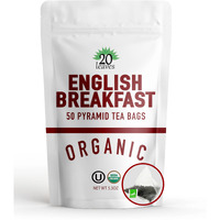 English Breakfast Black Tea - 100% Certified Organic - 50 Pyramid Tea Bags Sachets In Resealable Bag