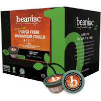 Beaniac Flavor Freak Madagascar Vanilla, Flavored Light Roast, Single Serve Compostable K Cup Coffee Pods, Organic Arabica Coffee With Natural Flavors, Keurig Brewer Compatible, 30 Count