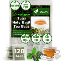 120 Tea Bags - Holy Basil Leaf Tea, 100% Natural & Pure Holy Basil Leaves. Loose Leaf Holy Basil Herbal Tea. Holy Basil Leaf Tea. No Sugar, No Caffeine, No Gluten, Vegan.