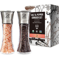 Soeos Salt And Pepper Grinder Set, Organic Whole Black Peppercorns, 3.5Oz (100G), Himalayan Pink Salt, 8Oz (230G). Usda Organic Black Pepper, Non-Gmo, Kosher Certified, Adjustable Coarseness