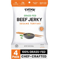 Think Jerky, Sesame Teriyaki Beef Jerky (2.2 Ounce Bags, Pack Of 4 Bags) - Delicious Chef Crafted Jerky, Grass-Fed Beef Jerky, Gluten Free, No Antibiotics Or Nitrates - Healthy Protein Snack, Low Calorie And Low Fat