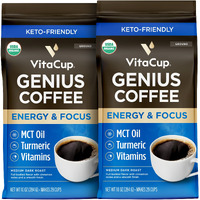 Vitacup Organic Genius Ground Keto Coffee, Increase Energy & Focus W/Mct Oil, Turmeric, B Vitamins, D3, Usda Organic Ground Coffee Medium Dark Roast, 100% Arabica Coffee Grounds, 2 Bags, 10 Oz Each
