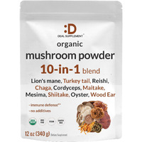 Deal Supplement Organic Mushroom Powder Supplement, 12Oz - 10 In 1 Active Blend - Shiitake, Lions Mane, Cordyceps, Chaga, With More -Supports Immune, Energy, & Brain Health - Non-Gmo, Vegan
