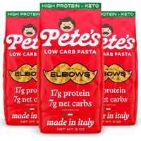 Pete's Pasta 3 Pack Elbow Noodles Pasta 8Oz - 7G Low Carb Pasta - 17G High Protein Pasta - Authentic Italian Keto Pasta Noodles - Healthy Low Calorie Elbow Pasta - Wheat Pasta Imported From Italy