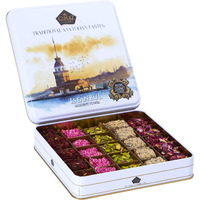Cerez Pazari Turkish Delight With Mix Of 4 Flavours And Pistachio, Hazelnut And Walnut Assorted Gourmet Lokum (Loukoumi) In Elegant Tin Gift Box 1.1 Lbs E | Sweet Traditional Soft Candy Dessert 25Pcs