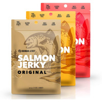 Kaimana Jerky Wild Caught Salmon Jerky - Organic Dried Fish Strips Rich In Omega-3, Protein - Low-Calorie Seafood Snack With No Gluten, Less Sodium & Sugar - Original, Teriyaki, Spicy Flavors - 3-Pack