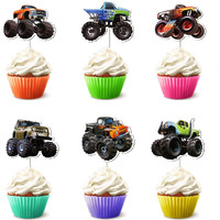 24 Pcs Monster Truck Cupcake Toppers For Boys Girls - Theme Birthday Party Decorations Supplies