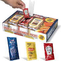 Grab-N-Go Condiment Packs With Spreader - 50 Single Serve Pouches Of Each: Ketchup, Mustard, And Mayo - 150 Pack, Dispenser Box, Great For Picnics, Boxed Lunch, Bbq, Travel, And Parties