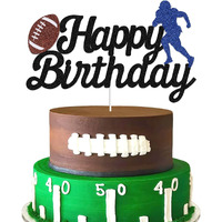Football Cake Topper - Happy Birthday Cake Topper For Football/Sport Theme Birthday Party Decoration (Black Glitter)