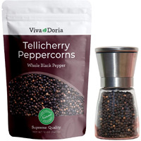 Viva Doria Tellicherry Peppercorn, Steam Sterilized Whole Black Pepper, Black Peppercorns, 12 Oz (Pepper+Grinder)