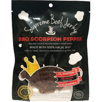 Supreme Beef Jerky, Halal Beef Jerky, Handcrafted Gourmet Meat Snacks, 2.5 Oz (Bbq Scorpion Pepper) Brown