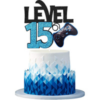 Level 15 Game Birthday Cake Topper - Video Game Boy's 15Th Birthday Level Up Party Blue Cake Supplies - Game On Winner Gaming Party Decoration