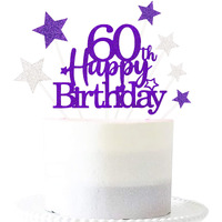 Glittery 60Th Happy Birthday Cake Topper With Star,Personalised 60 Birthday Cake Toppers Party Decorations Party Supplies For Men Women Purple Silver
